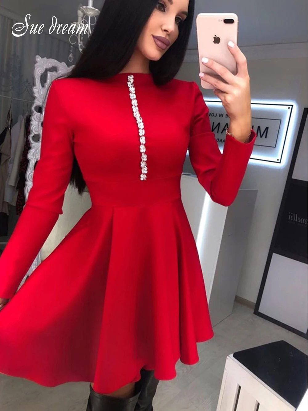 

2021 New Winter Women's Sexy O-Neck Diamond Long Sleeve Bodycon Bandage Mini Dress Elegant Red White Christmas Party Dresses