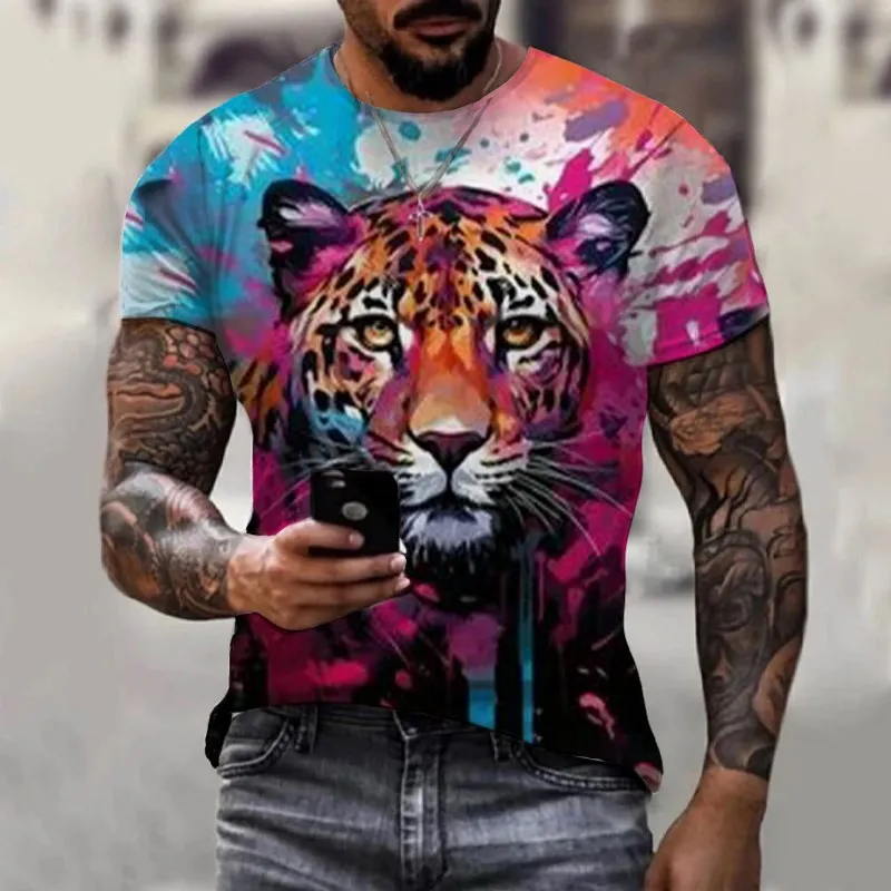 

Мужская летняя футболка с круглым вырезом, Повседневная футболка с цветным рисунком львов и 3D-принтом, одежда с короткими рукавами для мужчин, 2023