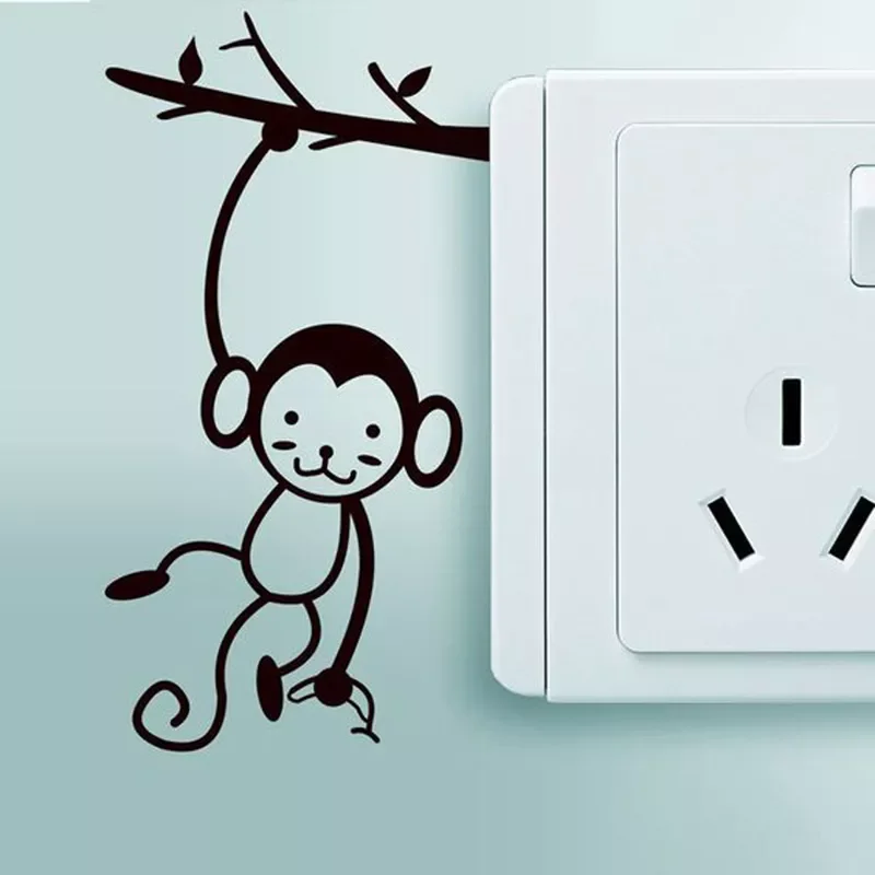 

NEW2022 Black Cute Monkey hanging tree branch Switch Sticker for home decor Vinyl Living Room background decals Cartoon Wall Sti