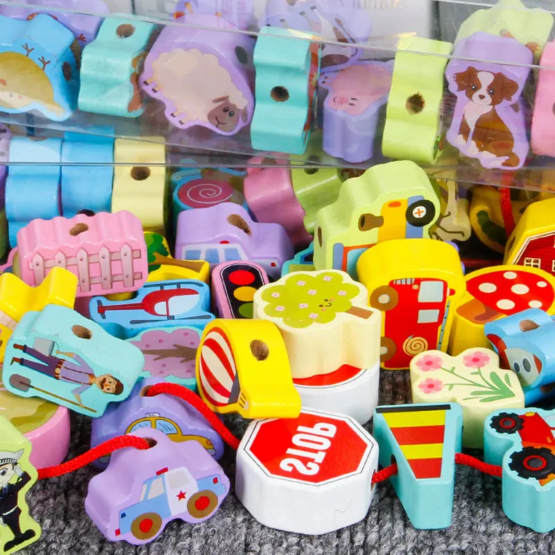 Baby Rope the String Game Children Kindergarten Supplies DIY Beads Toys Cartoon Montessori Kids Fine Motor Skills Wooden Block