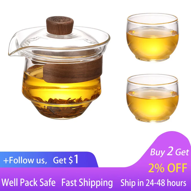 

High Boron Silicon Glass Gaiwan Cup Cover Wooden Heat Insulation Chinese Tea Bowl Tureen Travel Teaware Sets 200ML