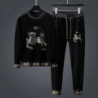 chinese style kylin embroidery plush thickened casual suit mens autumn winter loose pullover two piece suit fashion
