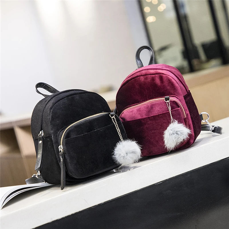 

Women Backpacks Velvet Backpack Veludo Schoolbag Zipper With Pompom Fashion Casual Mini Backpacks Female Bags