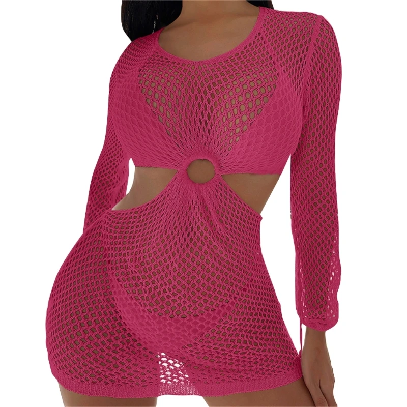 

Womens Crew-Neck Beach-Dress Long Sleeves Crocheted Swimsuits Cover Up Hollow out Bathing Suit Cover Up for Beachwear H58D