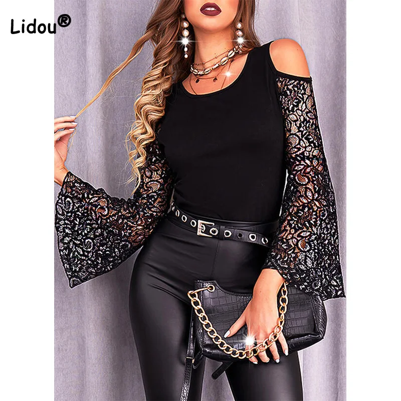 Women's Clothing Spring Autumn New Off-the-shoulder Lace Flared Sleeves Crew Neck T-shirts Long Sleeves Slim Black Bottoming Top