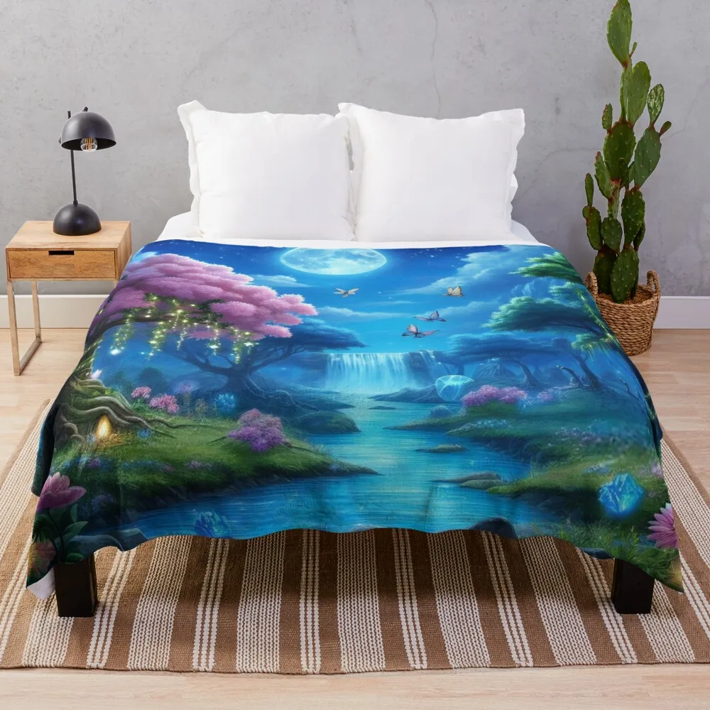 Moonlit Enchantment Magical Waterfall and Luminous Floral Gardens Under a Starry Sky Throw Blanket Baby sofa bed Blankets