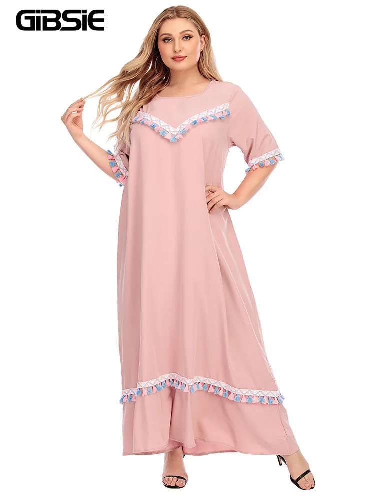 

GIBSIE Plus Size O-Neck Solid Casual Maxi Long Dress Tassel Short Sleeve Loose Dresses 4xl xxxl Women Vintage Summer Dress 2022