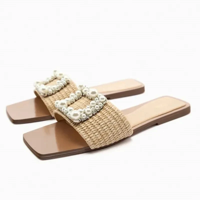 

2023 TRAF Womens Flats Pearl Sandals Summer Fashion Woven Casual Flip-flops Female Squared Toe Slippers Shoes Beach Sandal