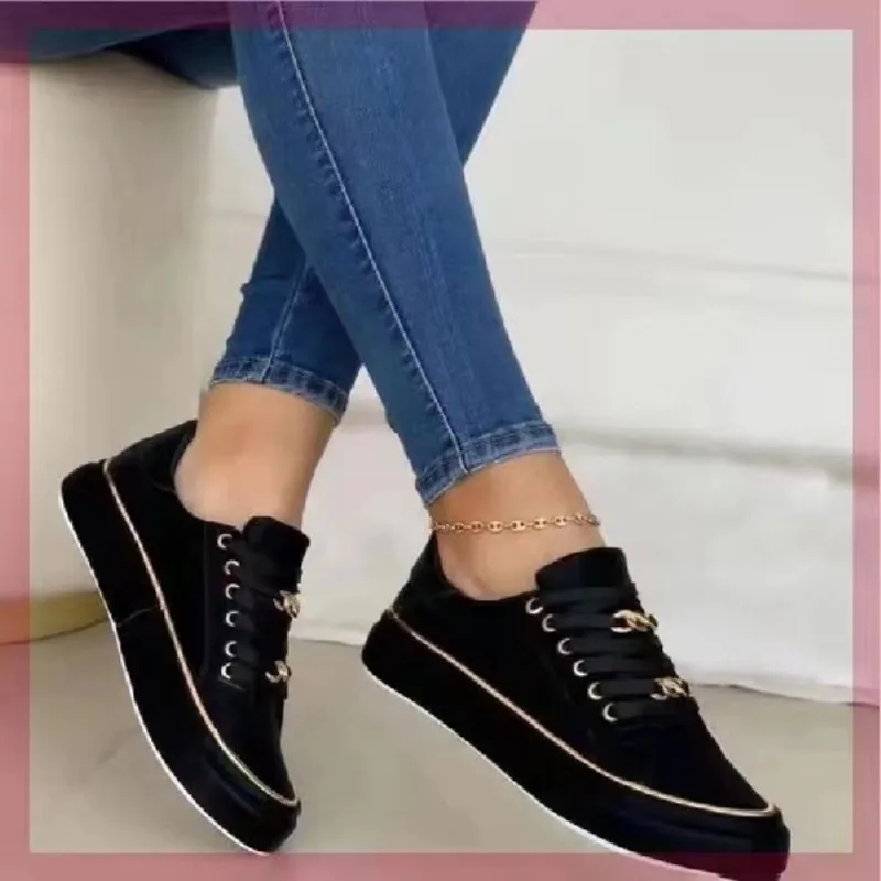 2023 Women Sneakers Fashion Chain Leather Round Head Platform Sports Shoes Lace-Up Walking Ladies Vulcanize Shoes Zapatos Mujer