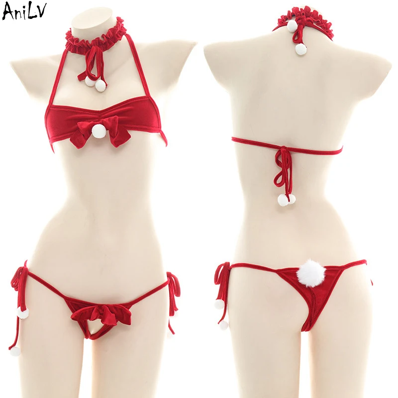 

AniLV 2022 Рождественский женский красный купальник бикини с бантом, костюмы, женское нижнее белье с лямкой на шее, пижама, Униформа, подарок, кос...