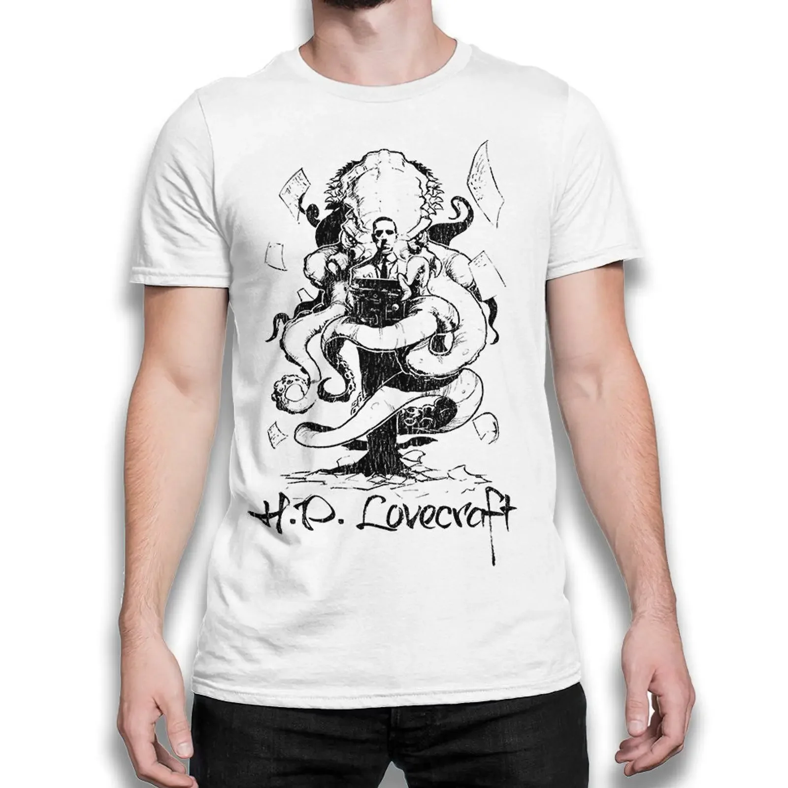 Фото Футболка H P Lovecraft Cthulhu Mythos, все размеры, mw 296, винтажная, с эффектом потертости, стильная уличная одежда, повседневная, слегка растянутая. №1