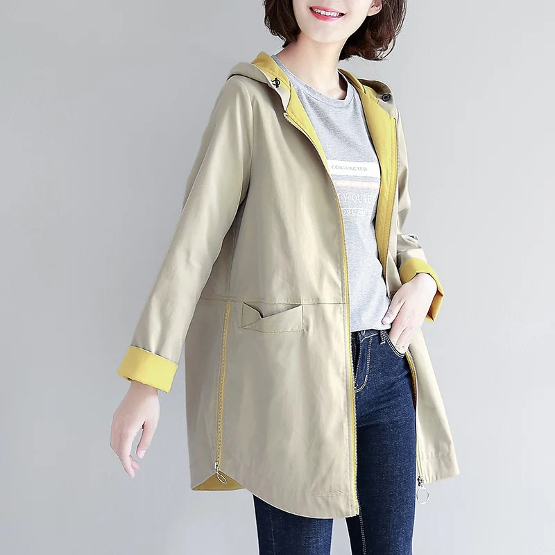 2022 Women's Spring and Autumn Trench Coats Mid-length Loose Coat British Style Zipper Hooded Jackets Straight Type Khaki Trenc