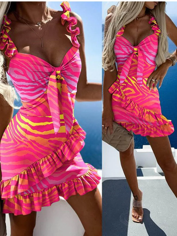 

Sexy Boho Print Dress Summer Woman Fashion Casual V-neck Sleeveless Ruffles Mini Holiday Beach Party Dress For Women Robe Femme