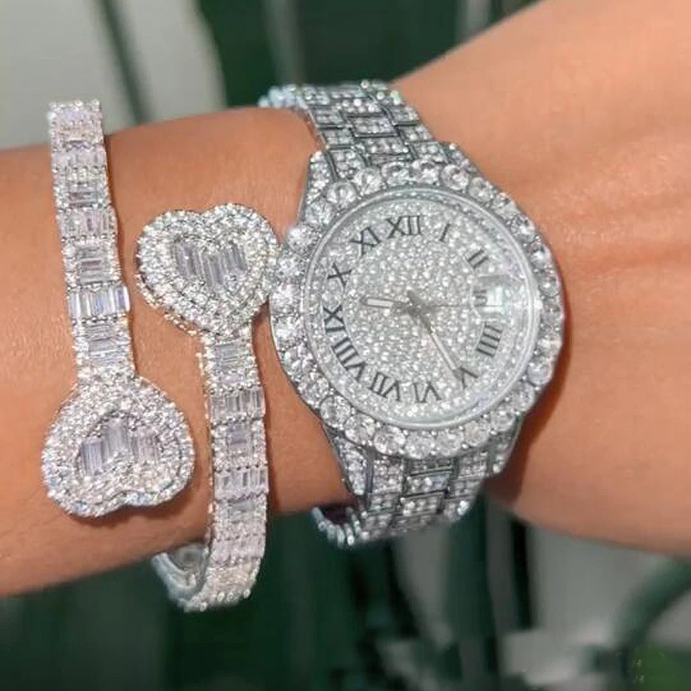 2Pcs Watch Bracelets Luxury Cubic Zirconia Stainless Steel Watches Hip Hop Fashion High Quality Stone Bracelet Set With Box