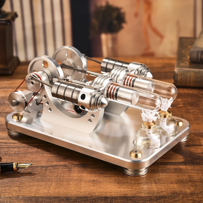 

Stirling Engine Generator Miniature Mini External Combustion Engine Model Twin Cylinder Can Start Metal Cylinder