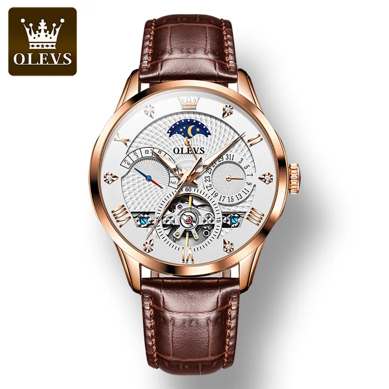 

OLEVS 6652 Fashion Genuine Leather Strap Men Wristwatch Waterproof Automatic Mechanical Multifunctional Watches for Men Luminous