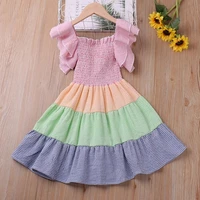 girls princess dress 2022 new summer children kids clothes stitching colorful striped dress flying sleeve plaid casual dress