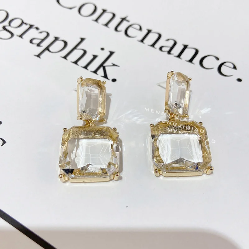 

Uilz Korean New Design Fashion Jewelry Double Square Earrings Luxury Transparent Glass Crystal Party Earrings for Women Gift
