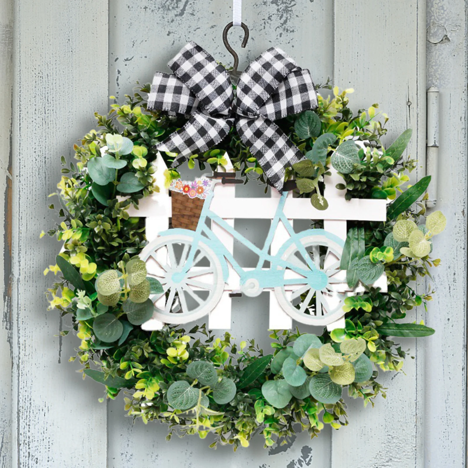 

Artificial Green Leaves Wreath Front Door Home Decor Simulation Welcome Door Decoration Green Wooden Sign Pendant Accessories