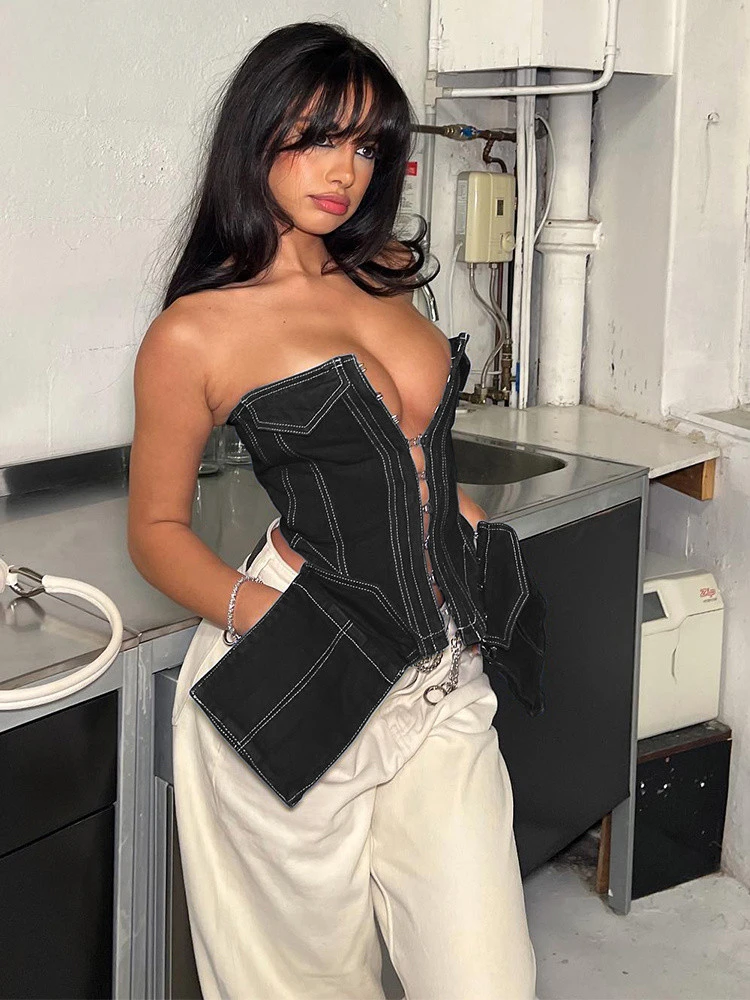 BWQ с боковыми карманами женские корсетные топы сексуальные булавки без рукавов