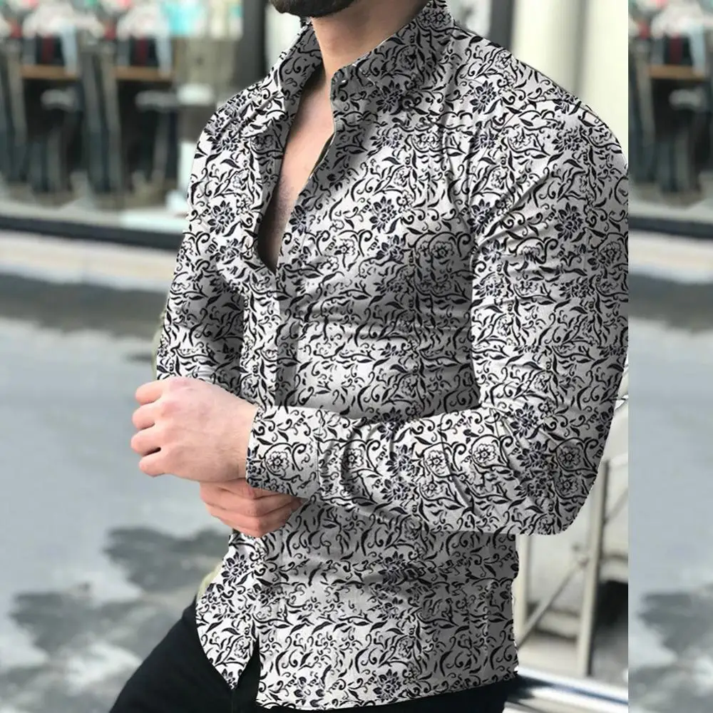 

Slim Fit Print Top Long Sleeve Turn Down Collar Fashion Shirt Men Floral Button Top