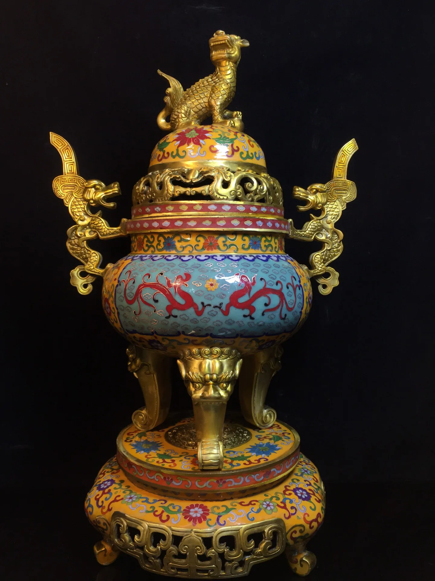 

24"Tibetan Temple Collection Old Bronze Cloisonne Kirin Dragon ears Three feet Incense burner Ornaments Town House Exorcism