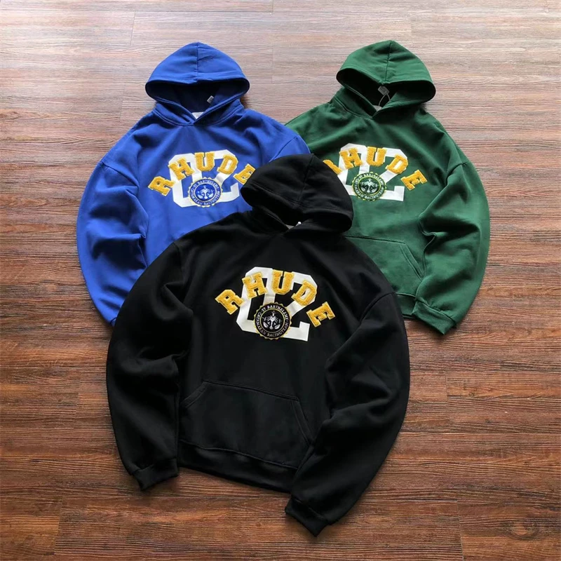 

Towel Embroidery Rhude Fleece Hoodie Men Women Patchwork Badge Pullovers
