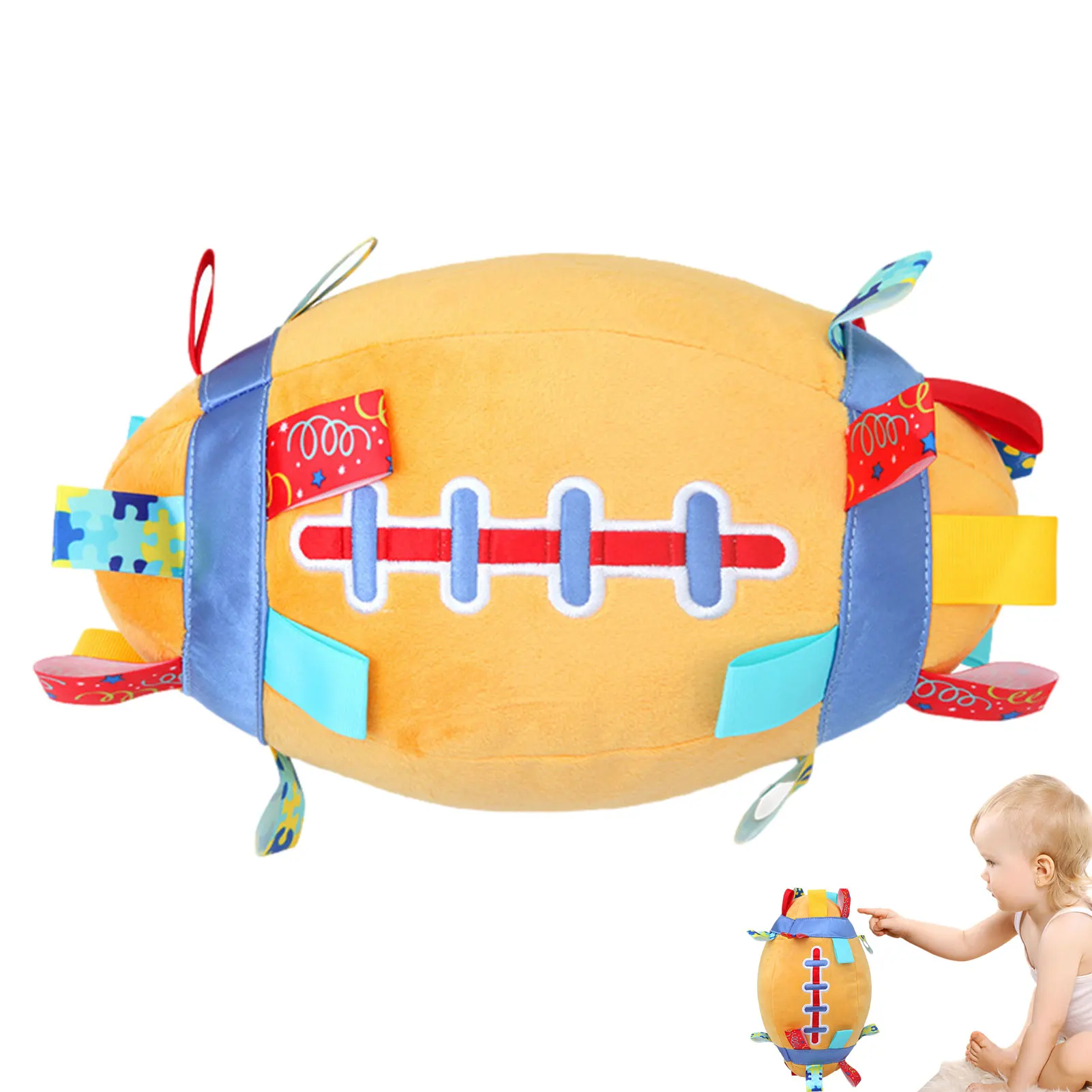 

Baby Soft Plush Rugby Ball With Rattle Built-in Bell Sensory Ball With Colourful Tags For Infant Newborn Sensory Education