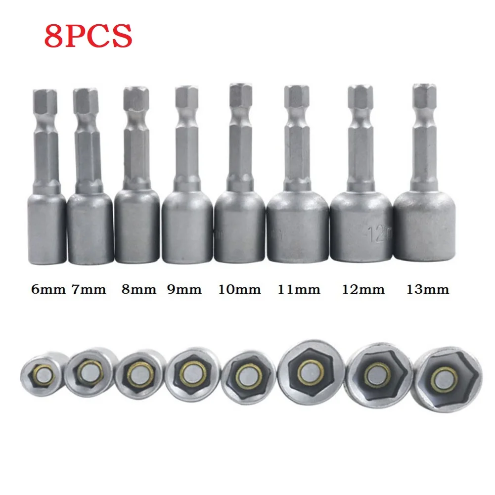 8Pcs Magnetic Nut Screwdriver 6-13mm Impact Socket 1/4in Socket Adapter Hex Drill Bit For Power Drills Hand Tools