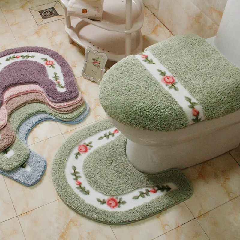 pastoral style toilet rug flower pattern bathroom mat set u shape carpets floor decor bath fiber lid cover bathroom carpet free global shipping