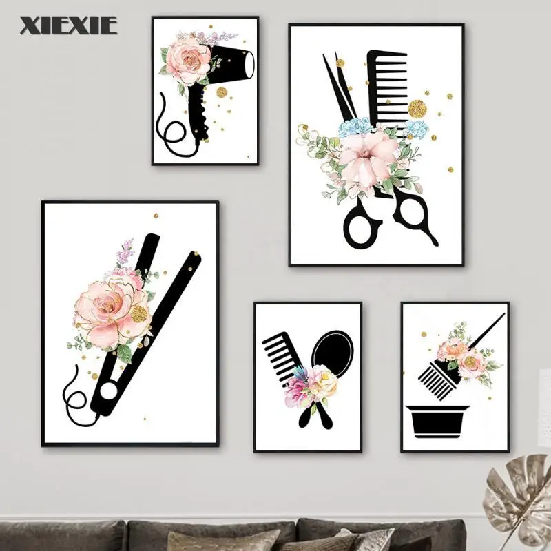

Hairdressing Haircut Canvas Painting Scissors Hair Dryer Shampoo Cartoon Wall Art Posters and Prints Wall Pictures Salon Decor