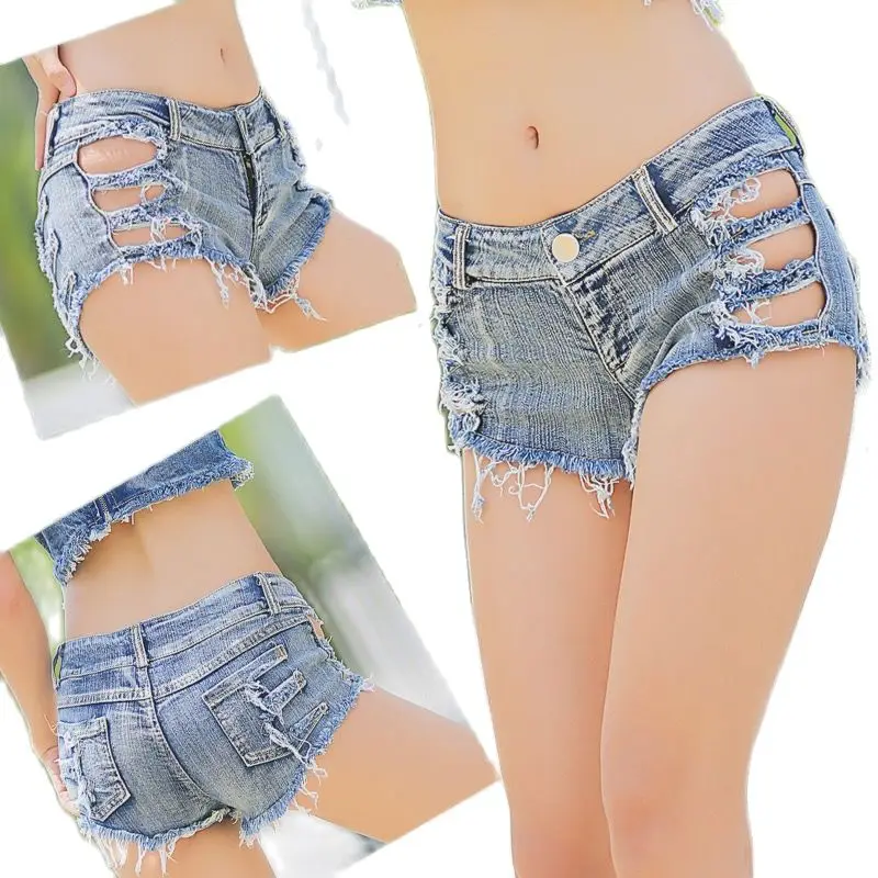2023 New Ultra Low Waist Denim Shorts Sexy Hollowed Out Hole Bottomed Nightclub Short Jeans Feminino Blue