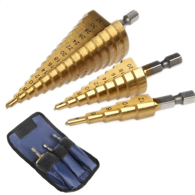 

New 6Pc Hss Step Cone Taper Drill Bit Set Hole Cutter Metric 4-12/20/32Mm 1/4 Inch Titanium Coated Metal Hex Bits