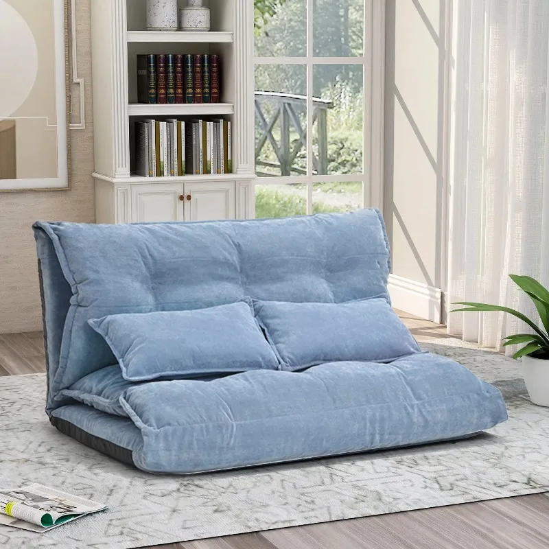 

Euroco Lazy Sofa Adjustable Folding Futon Sofa with Two Pillows Video Gaming Sofa for Living Room, Blue Furniture Sofa