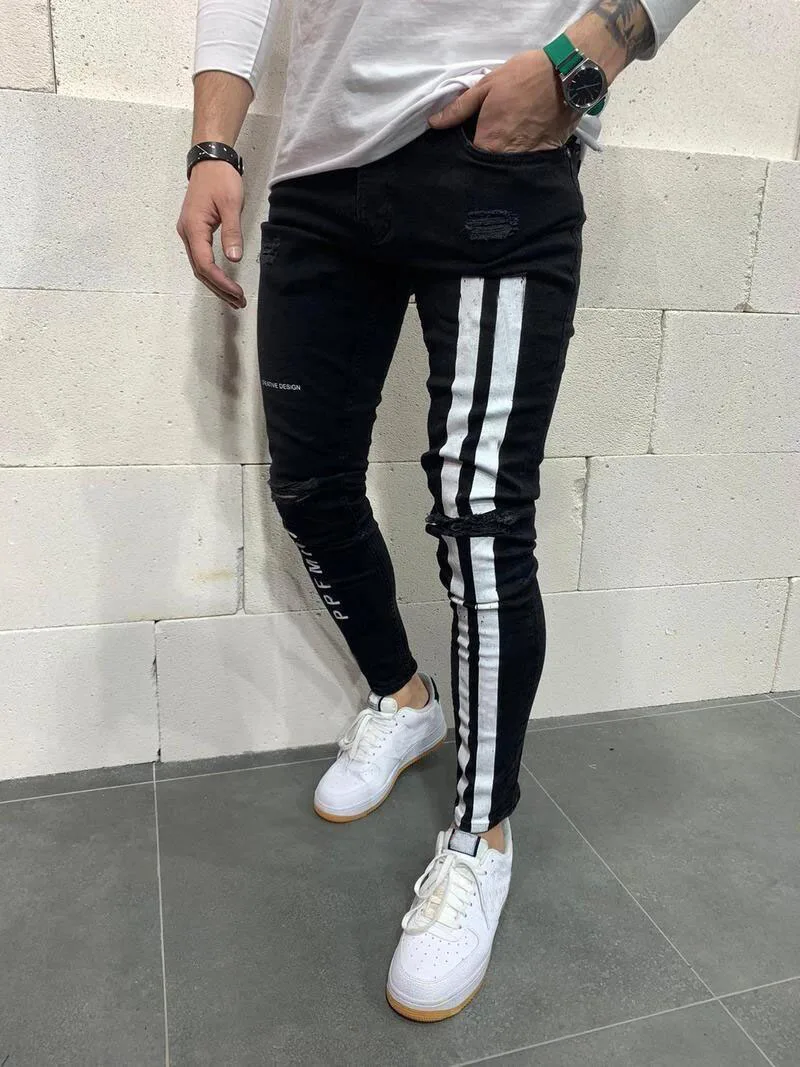 Men's Hip-Hop Hole Ripped Pants Fashion Jeans Men Side Stripe Jeans Big Size  Skinny Stretch Slim Fit Pants