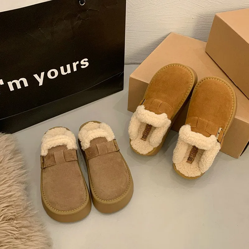 Женская обувь 2024 женские тапочки с закрытым носком меховые шлепанцы на платформе