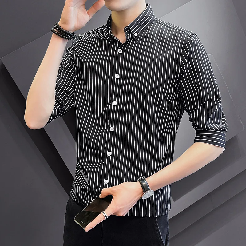 Fashion Men's Shirt Stripe Three Quarter Slim Shirt Men's Clothing Ropa De Hombre Casual Tops T Shirt for Men