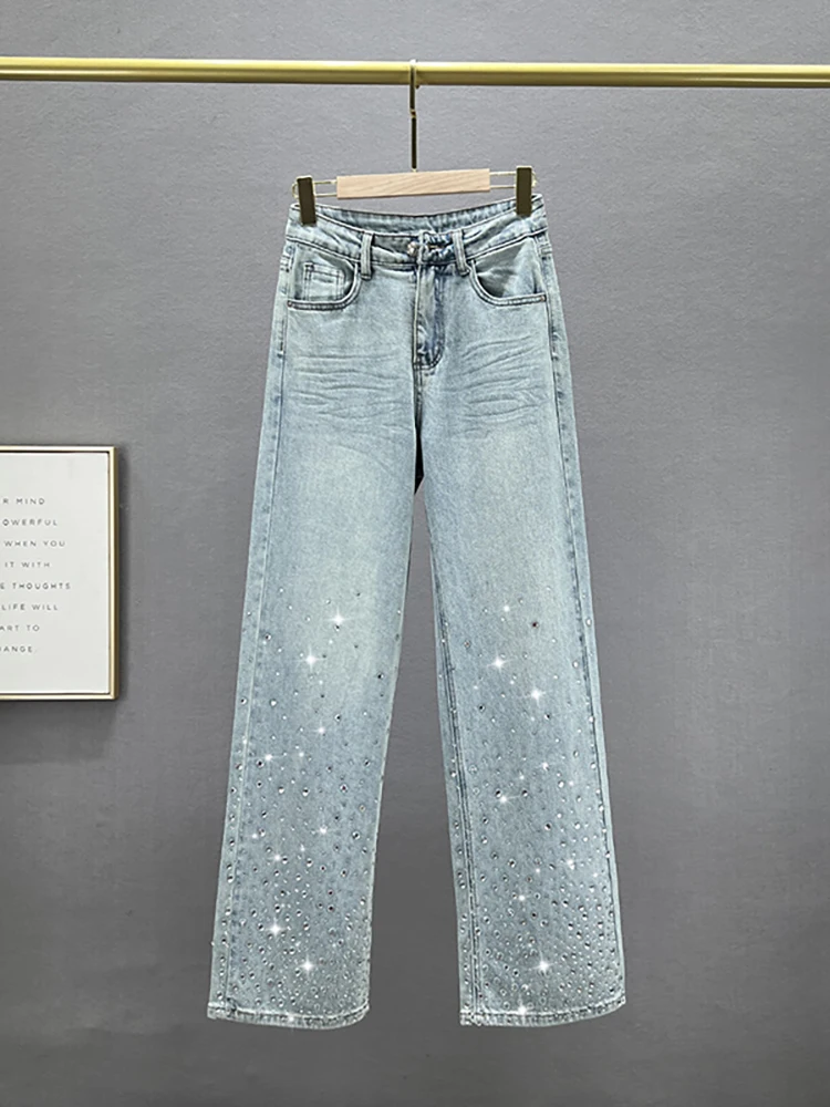 Женские джинсы с высокой талией DEAT прямые брюки из голубого денима широкими