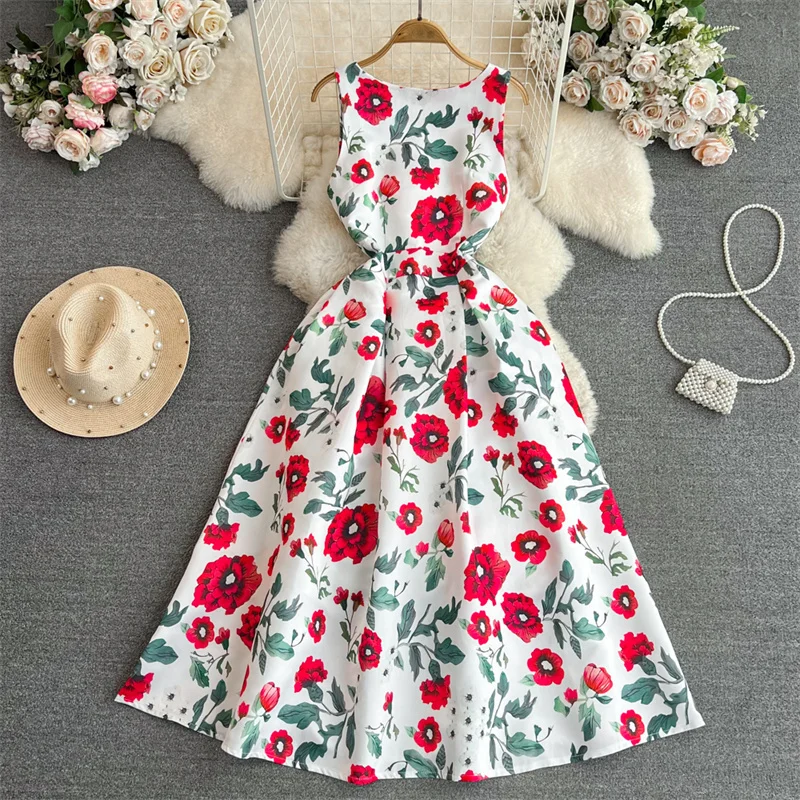 

Summer Women Slim Mid-length Flower Printed White A-line Dress High Waist Round Neck Sleeveless Ladies Dresses Elegant Vestidos