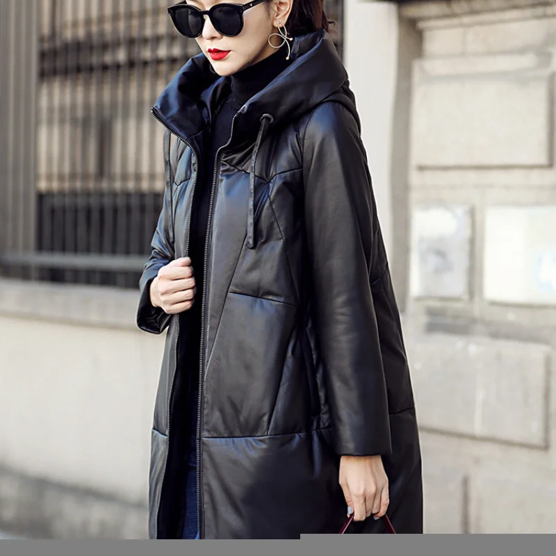 

Длинная куртка из натуральной овечьей кожи, зимняя куртка, женская одежда, роскошные черные утепленные пуховики с капюшоном, Chaquetas