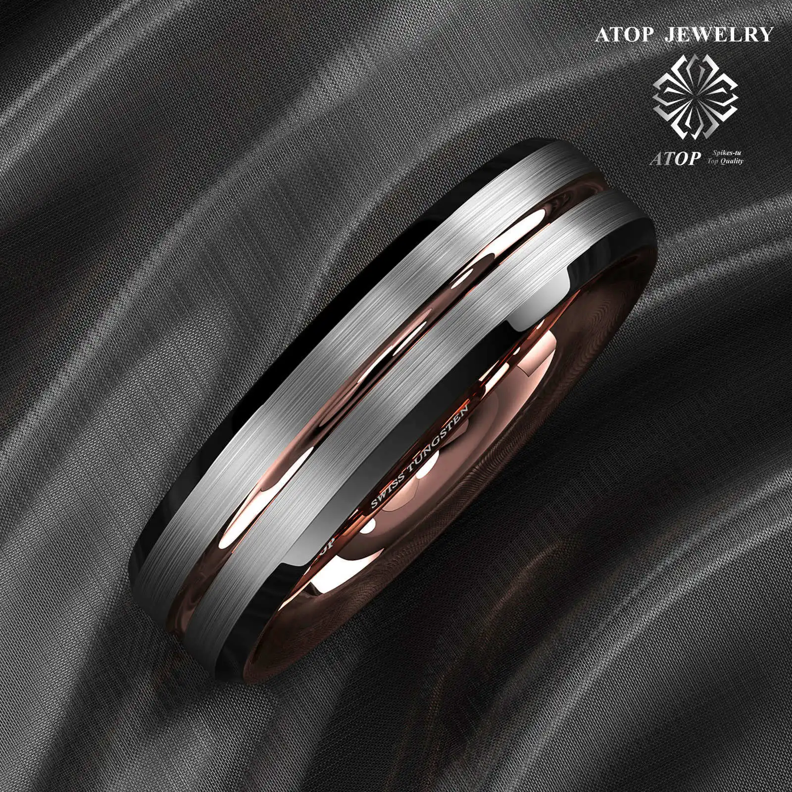 ATOP 6Mm Silver Brushed สีดำ Rose Gold ทังสเตนแหวน