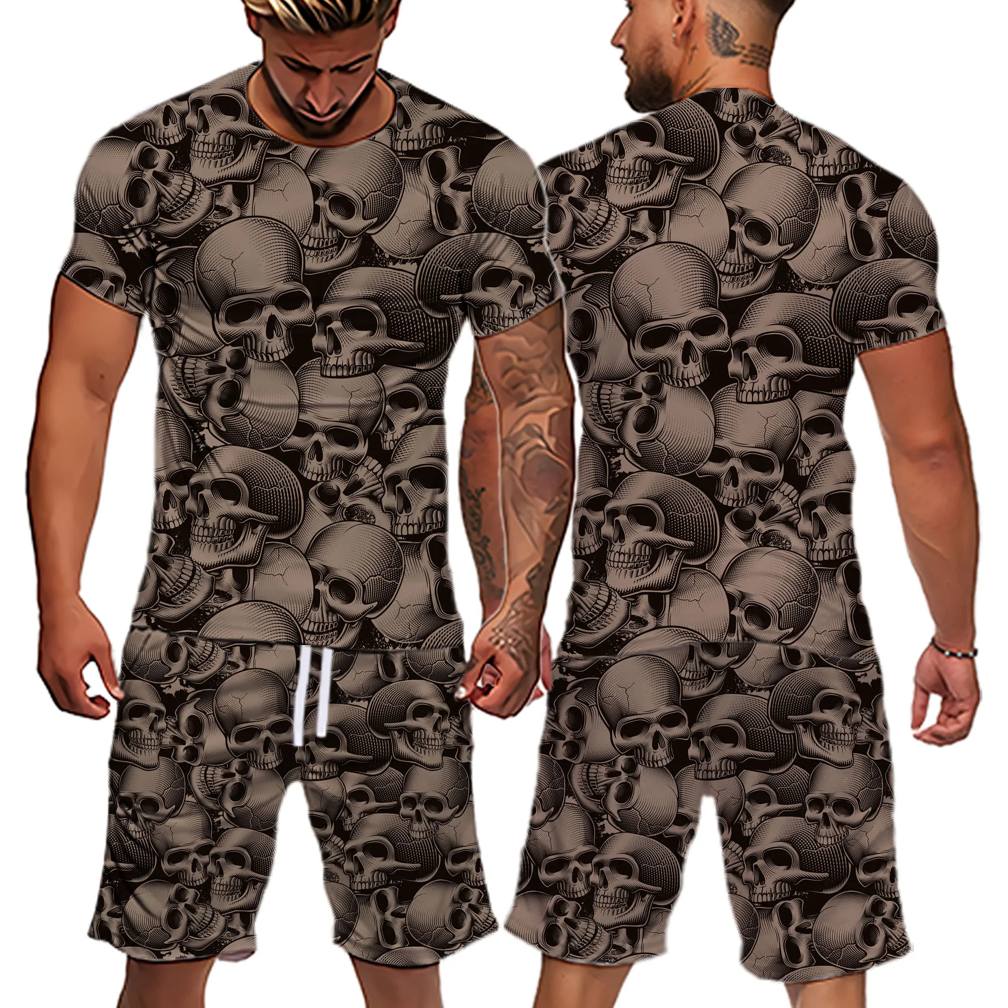 

2022 Men Sets Print Patchwork O-Neck Short Sleeve Casual T Shirt Beach Shorts Summer Streetwear Vacation Hawaiian Suits Men 6XL