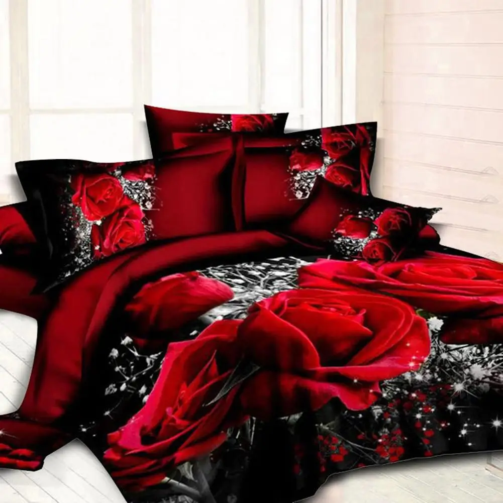 

【 Ready Stock 】4 PCS 3D Big Red Rose Floral Bedding Sheets Wedding Duvet Cover Sheet Pillow Cases Bed Set