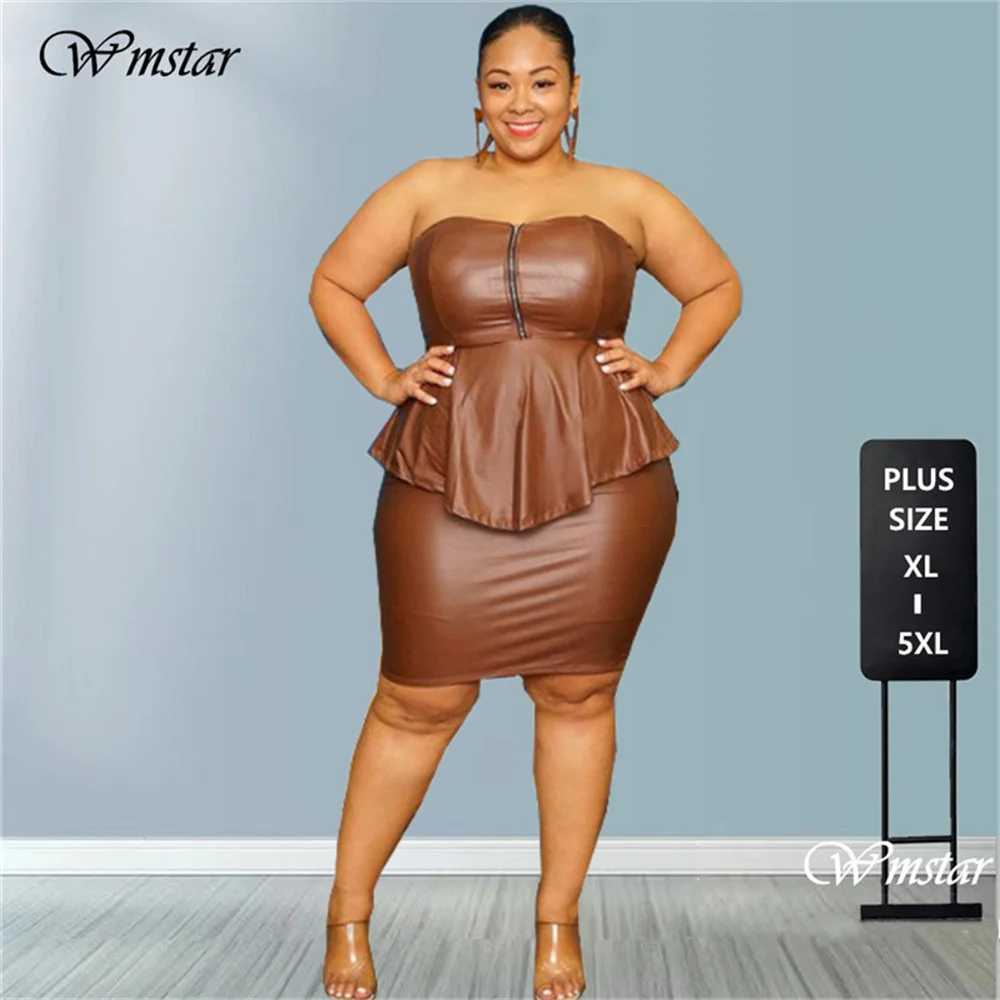 

Wmstar 2 Piece Set Plus Size Women Clothing PU Sleeveless Top High Waist Mini Skirts Sets Fashion Clothes Wholesale Dropshipping