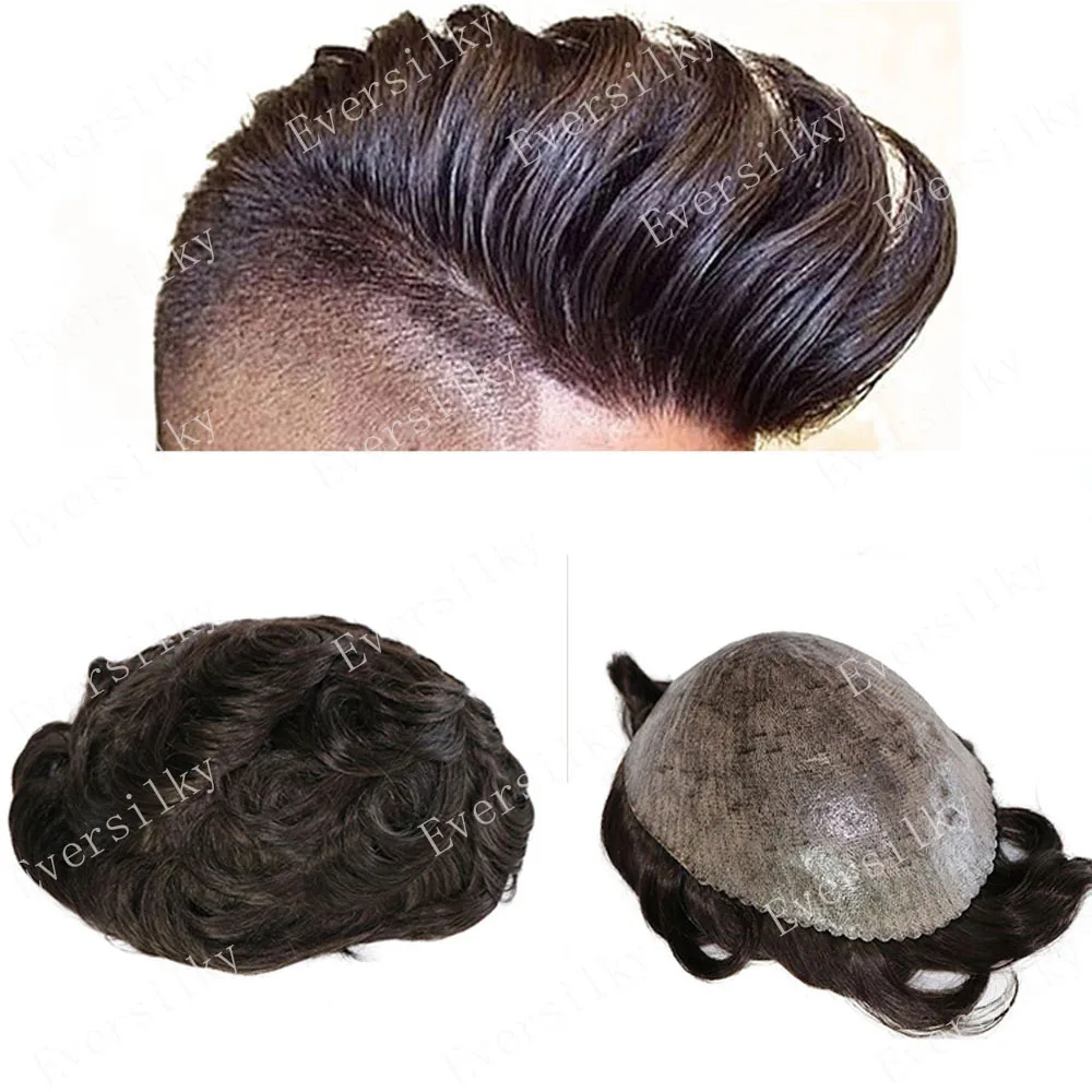 Brown Super Durable Full Thin Skin PU Toupee Men Human Hair Wigs Cheap Replacement System Wave Black Hair Pieces Male Prosthesis