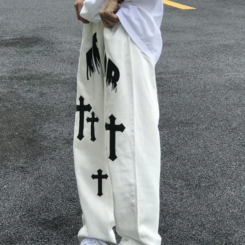 

Cross letters printing loose white joker leisure straight canister tide water to wash jeans men and women