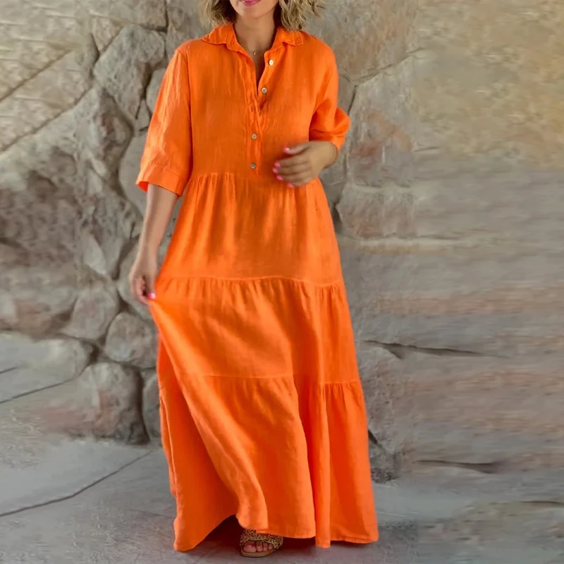 

Autumn Casual Solid Color Loose Dress Fashion Simple Half Sleeve Long Party Dress Lady Cotton Linen Big Hem Pleated A-line Dress