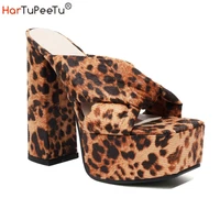 chunky high heels slippers women 2022 summer sexy leopard fashion pumps square toe flock party slip on shoes