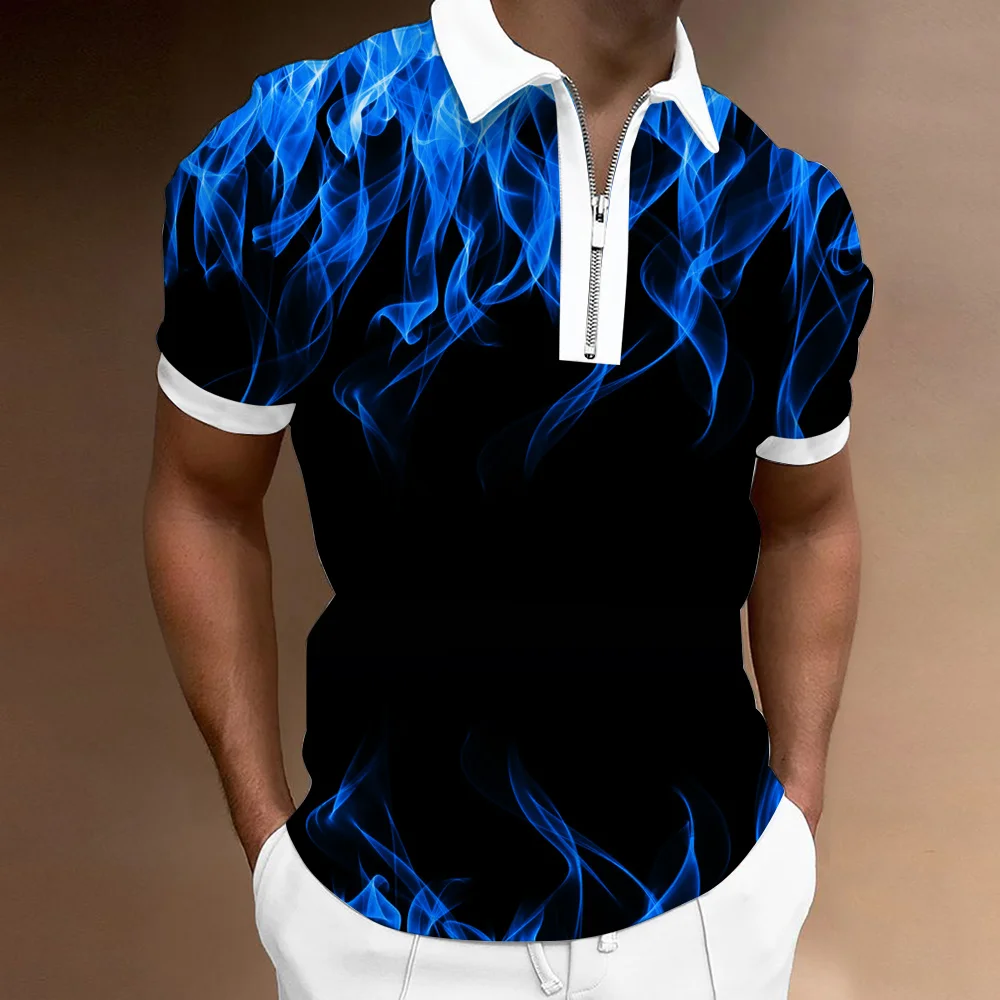 2023 New 3D flame vision men's polo shirt high-quality business people slim-fit color printed classic zipper lapel short sleeve