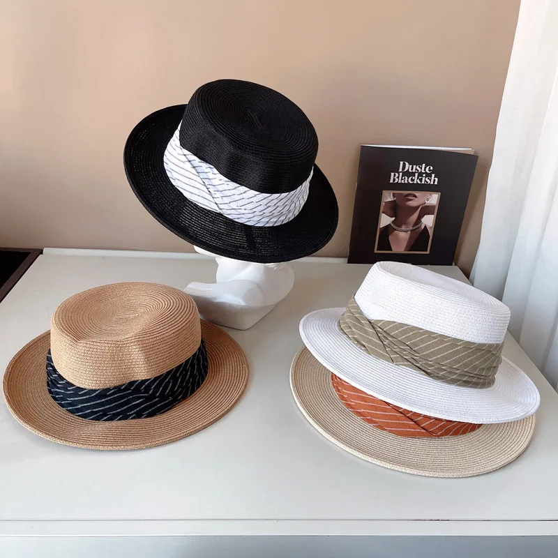 

Wide Brim Summer Hat for Women Flat Top Striped Webbing Decoration Straw Hat Unisex Sun Hat Beach Hat Sun Protection Derby Hat